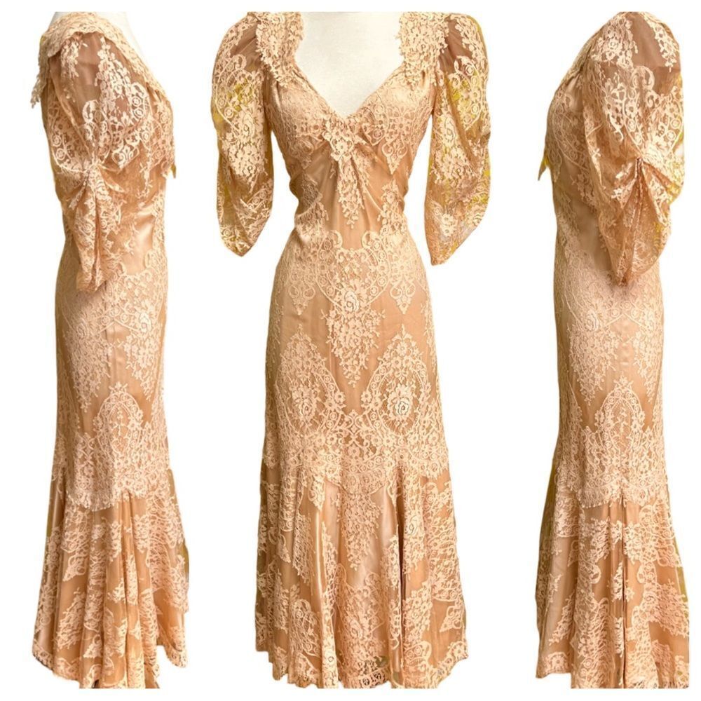Romantic Vintage 1970s Becky Bisoulis Edwardian Cream Lace Puff Sleeve Gown